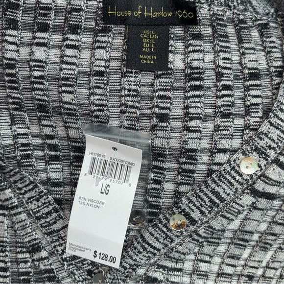 House of Harlow 1960 Marled Black Grey Ribbed Knit V Neck Henley Sweater L - Picture 8 of 9